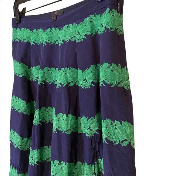 ASO The Mindy Project J. Crew 100% Silk Kelly Green Navy Blue Beanstalk Skirt - Picture 7 of 15